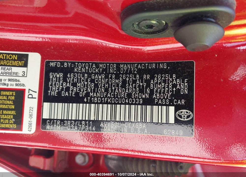2012 TOYOTA CAMRY HYBRID XLE VIN: 4T1BD1FK0CU040339