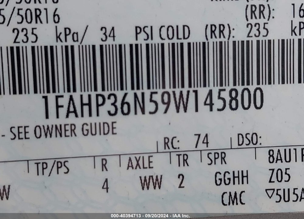 2009 FORD FOCUS SES VIN: 1FAHP36N59W145800