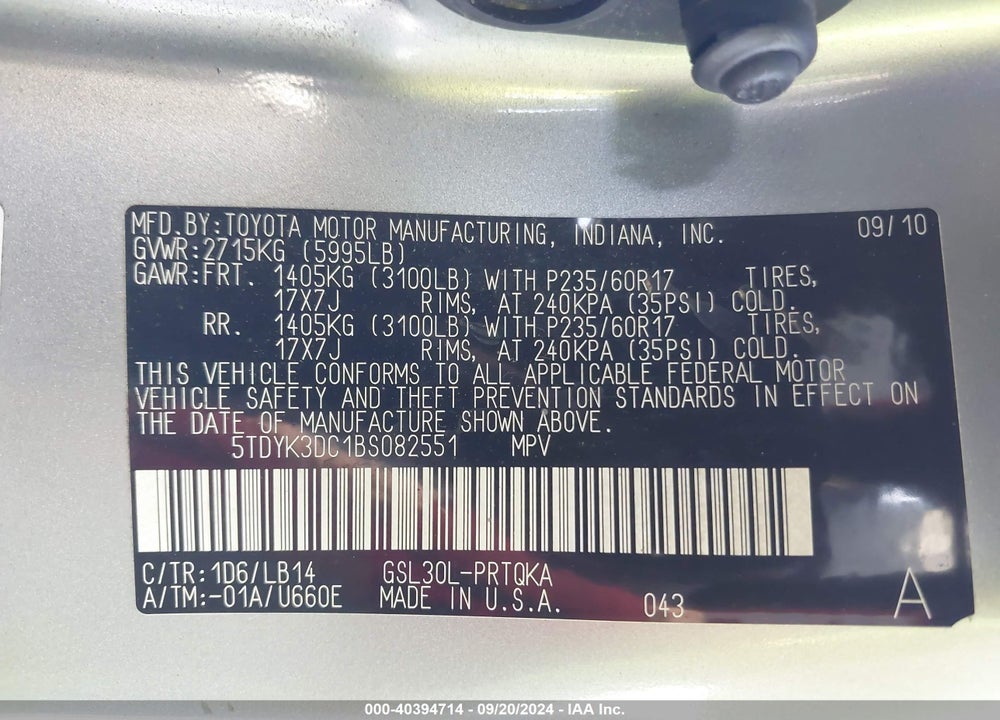 2011 TOYOTA SIENNA XLE V6 VIN: 5TDYK3DC1BS082551