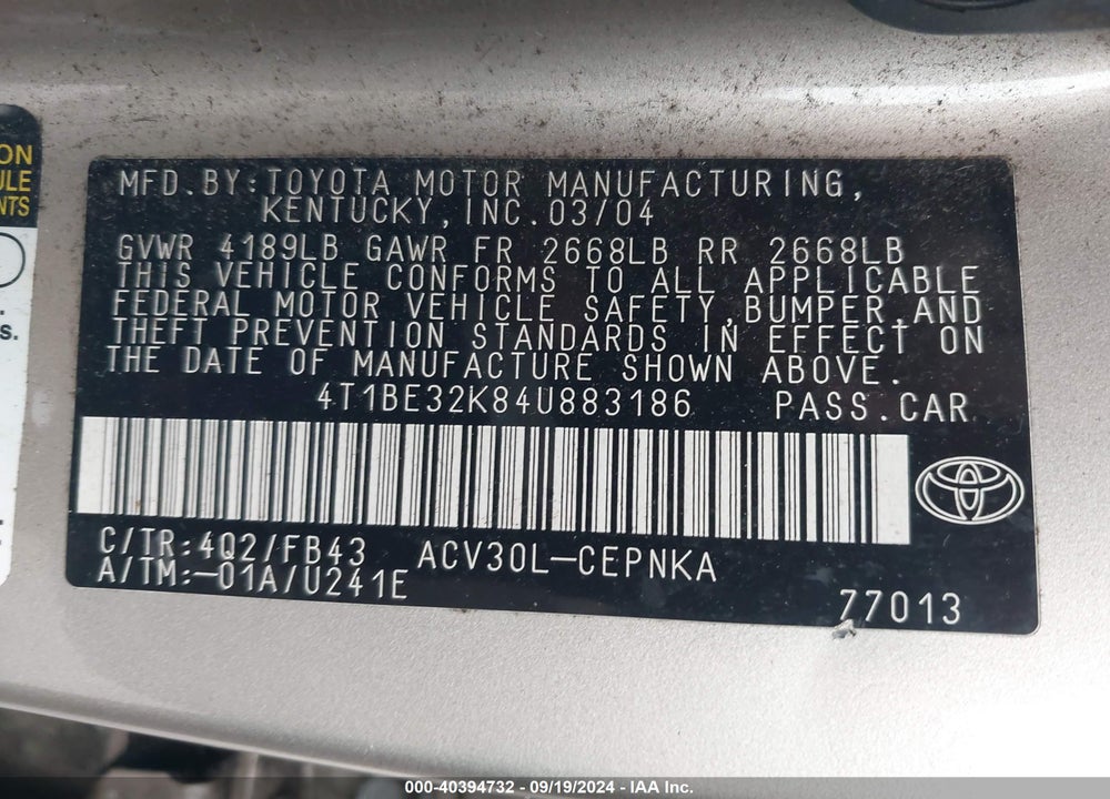 2004 TOYOTA CAMRY LE VIN: 4T1BE32K84U883186