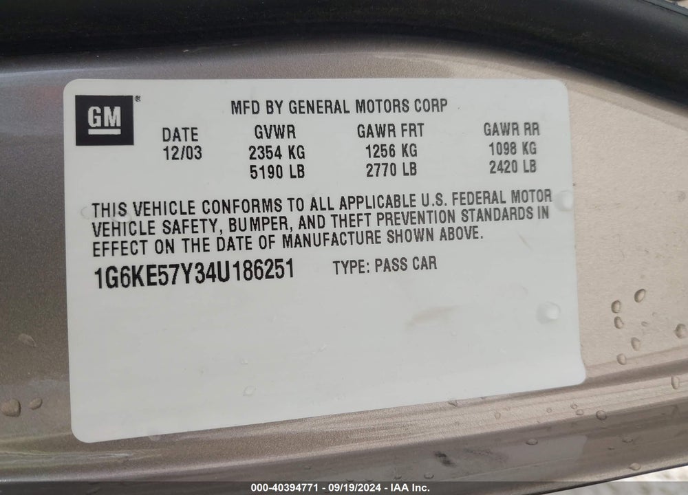 2004 CADILLAC DEVILLE DHS VIN: 1G6KE57Y34U186251