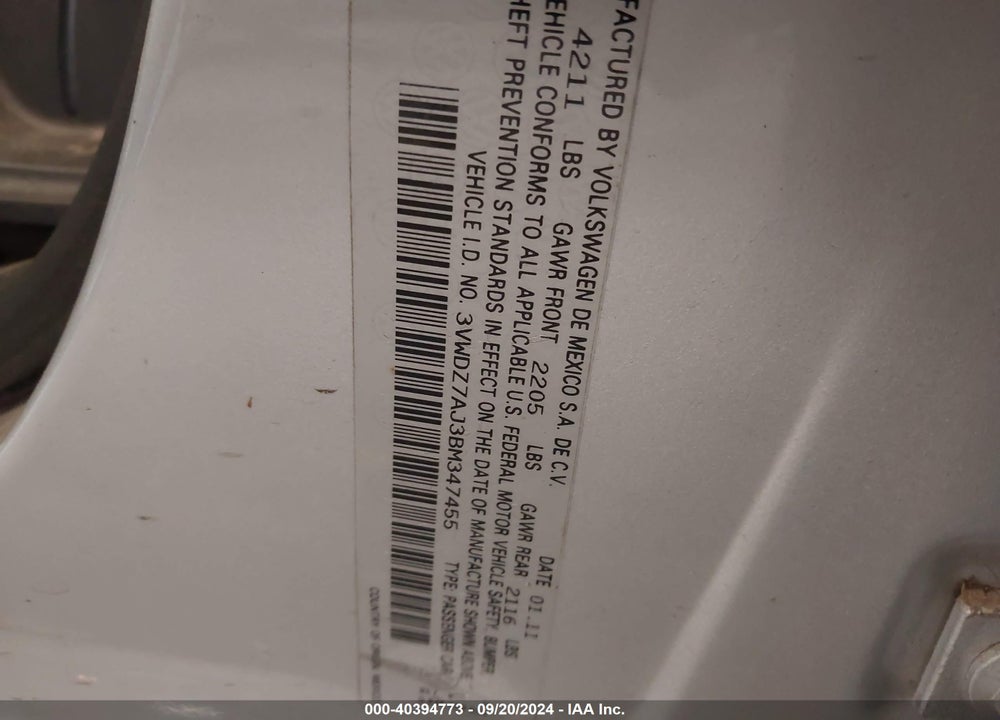 2011 VOLKSWAGEN JETTA 2.5L SE VIN: 3VWDZ7AJ3BM347455