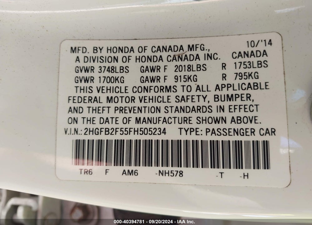 2015 HONDA CIVIC LX VIN: 2HGFB2F55FH505234