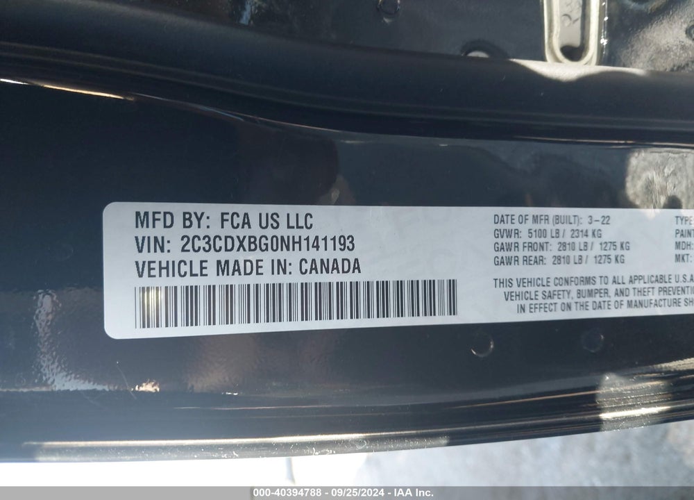 2022 DODGE CHARGER SXT RWD VIN: 2C3CDXBG0NH141193