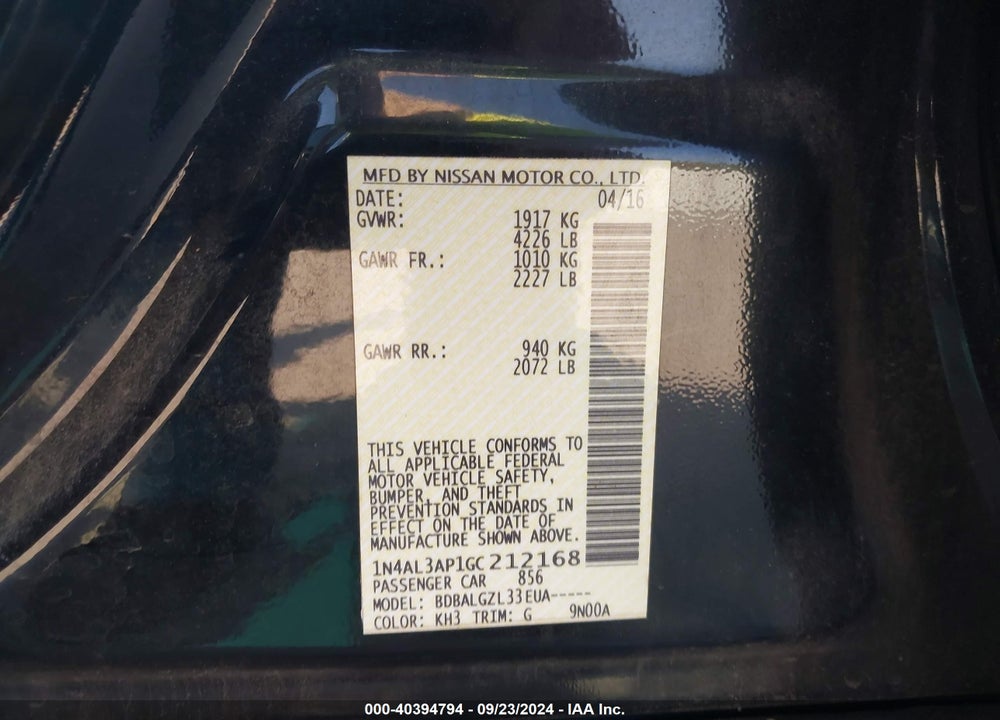2016 NISSAN ALTIMA 2.5/2.5 S/2.5 SL/2.5 SR/2.5 SV VIN: 1N4AL3AP1GC212168