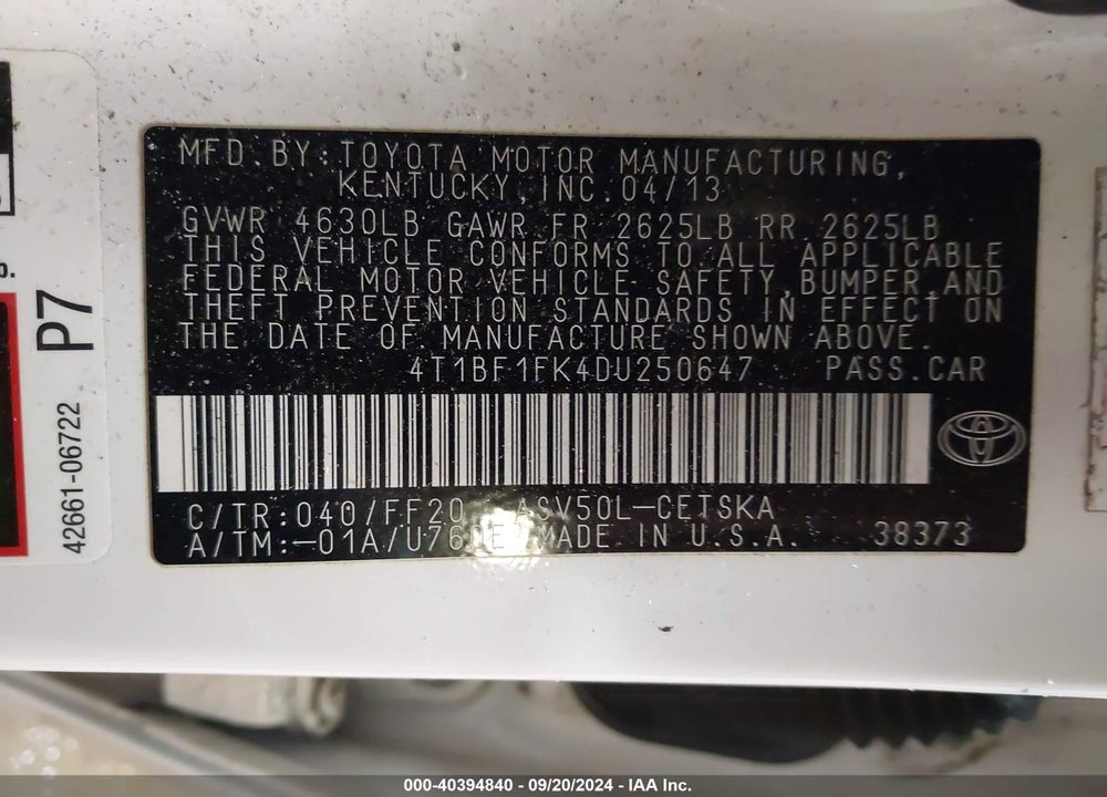 2013 TOYOTA CAMRY SE VIN: 4T1BF1FK4DU250647