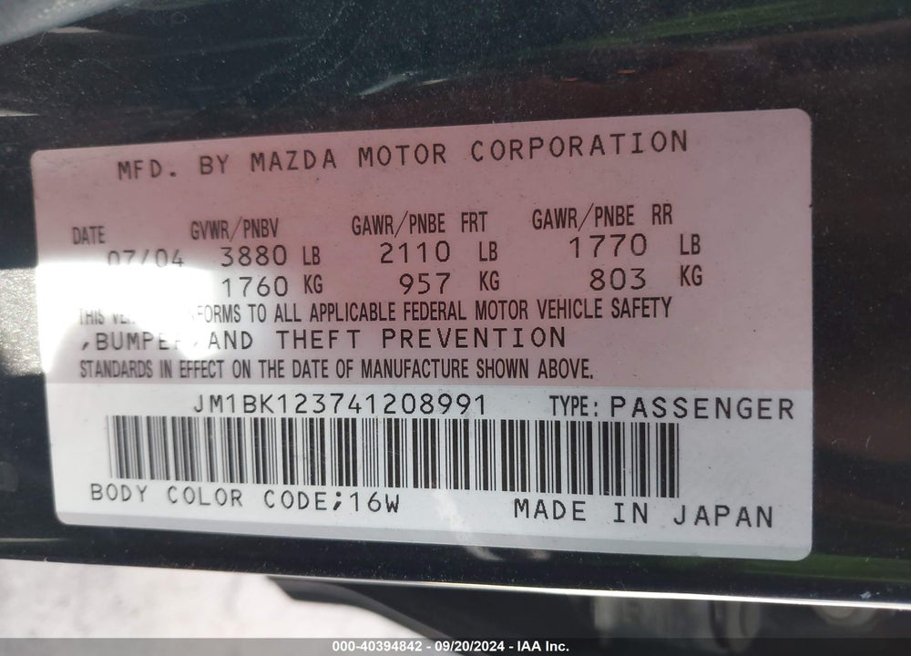 2004 MAZDA 3 S VIN: JM1BK123741208991