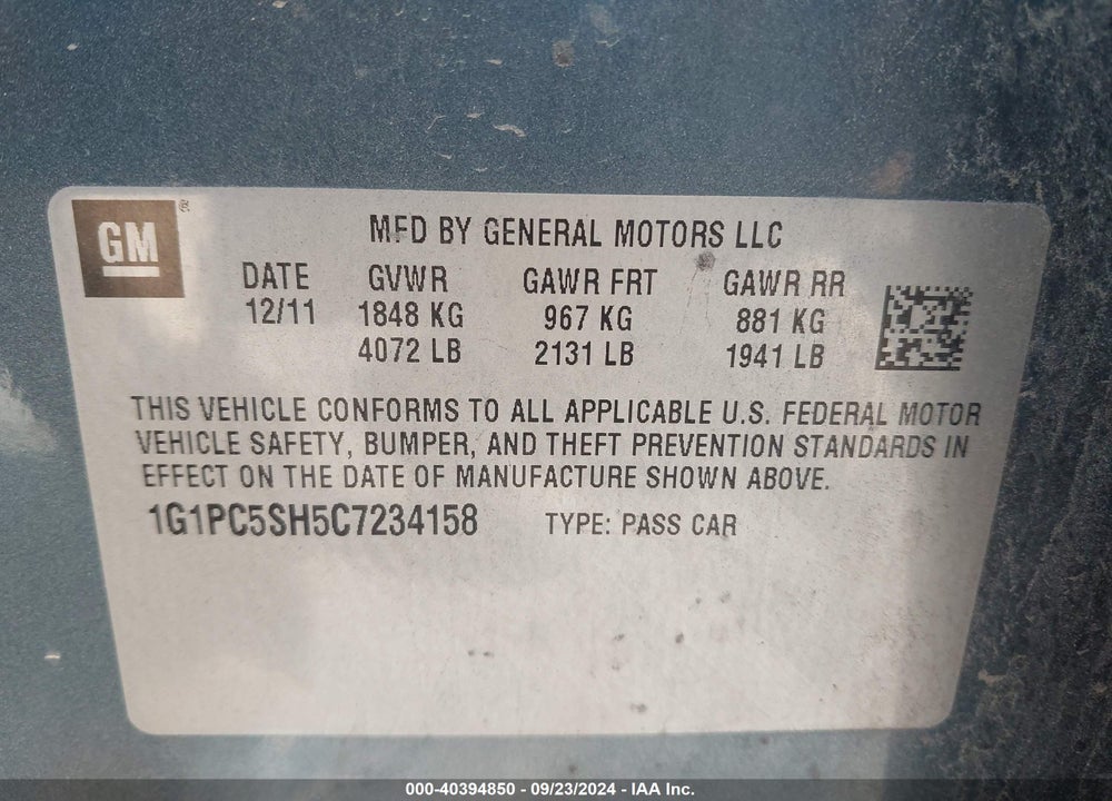 2012 CHEVROLET CRUZE LS VIN: 1G1PC5SH5C7234158