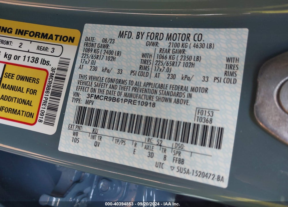 2023 FORD BRONCO SPORT BIG BEND VIN: 3FMCR9B61PRE10918