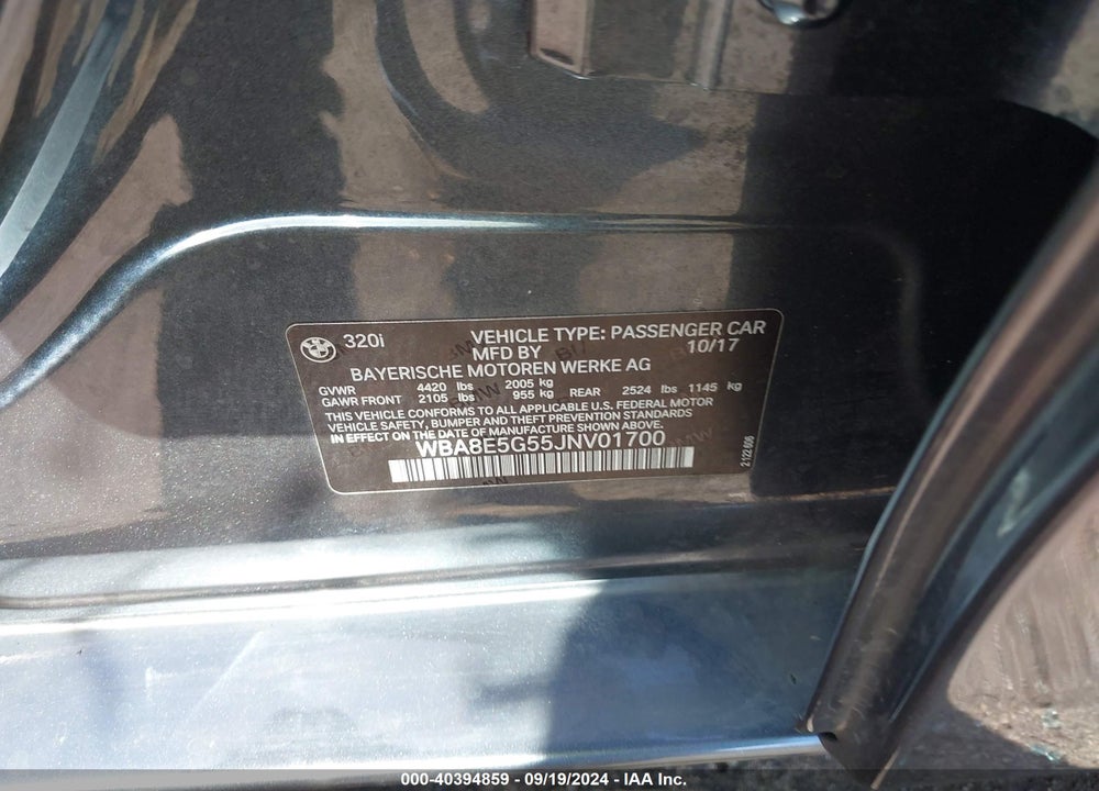 2018 BMW 320I XDRIVE VIN: WBA8E5G55JNV01700