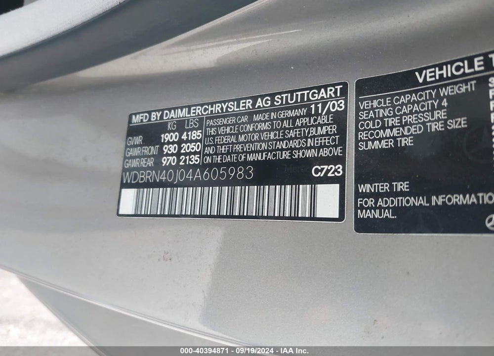 2004 MERCEDES-BENZ C 230 KOMPRESSOR SPORT VIN: WDBRN40J04A605983