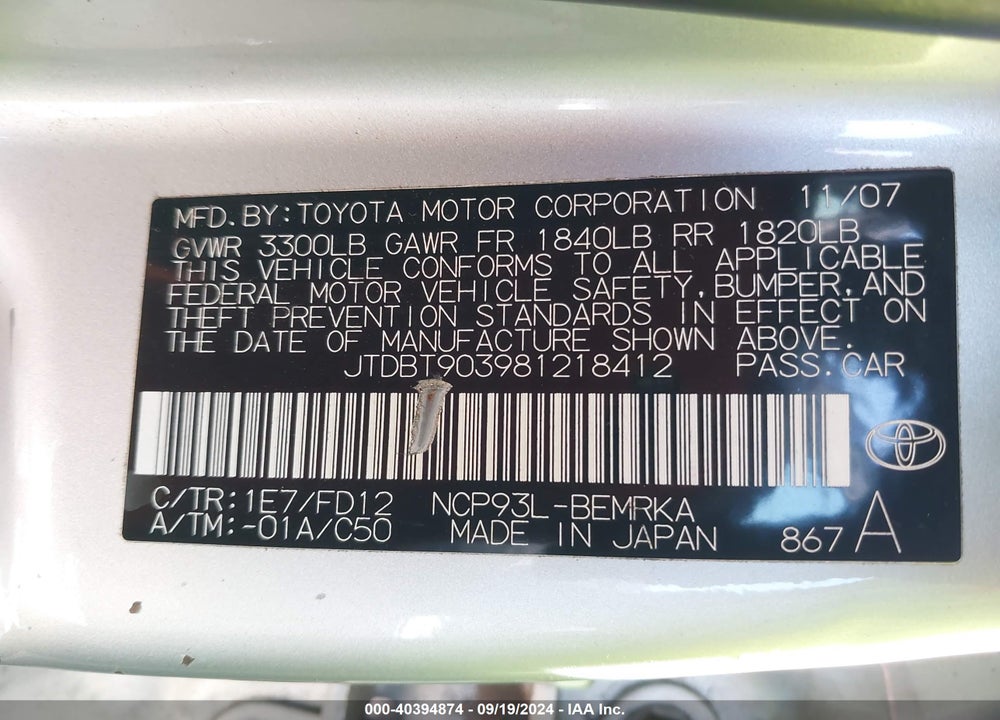 2008 TOYOTA YARIS VIN: JTDBT903981218412