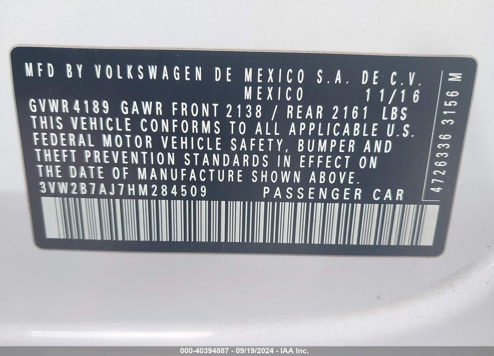 2017 VOLKSWAGEN JETTA 1.4T S VIN: 3VW2B7AJ7HM284509