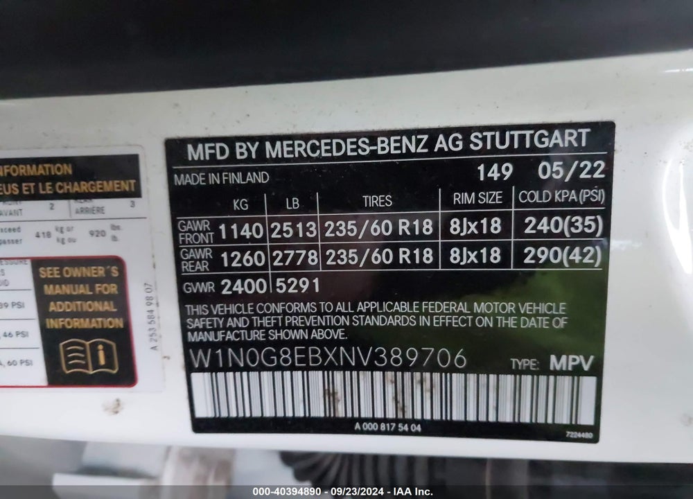 2022 MERCEDES-BENZ GLC 300 4MATIC SUV VIN: W1N0G8EBXNV389706