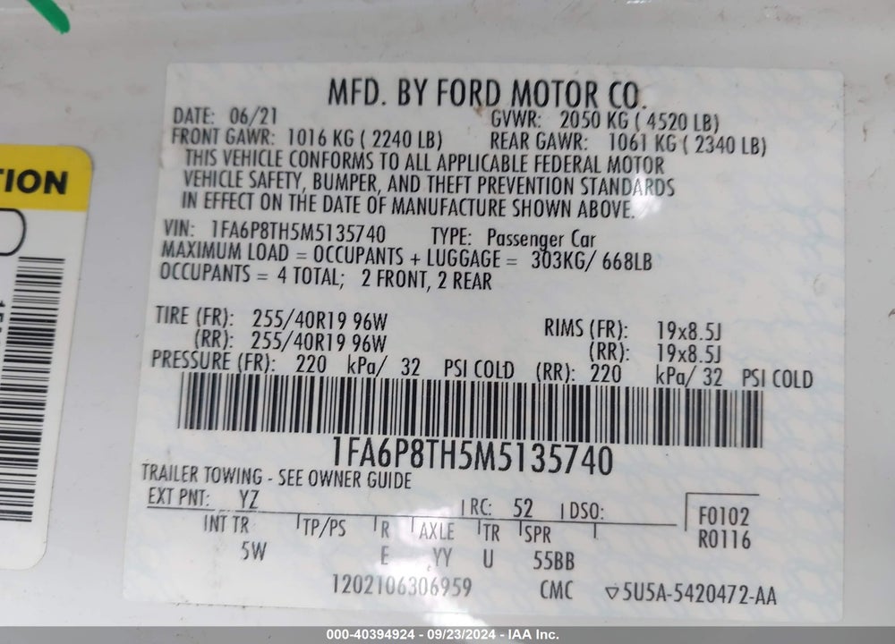 2021 FORD MUSTANG ECOBOOST PREMIUM FASTBACK VIN: 1FA6P8TH5M5135740