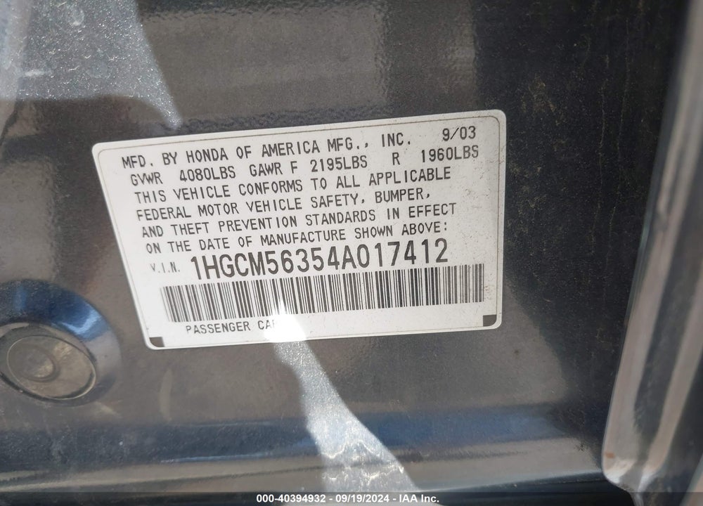 2004 HONDA ACCORD 2.4 LX VIN: 1HGCM56354A017412
