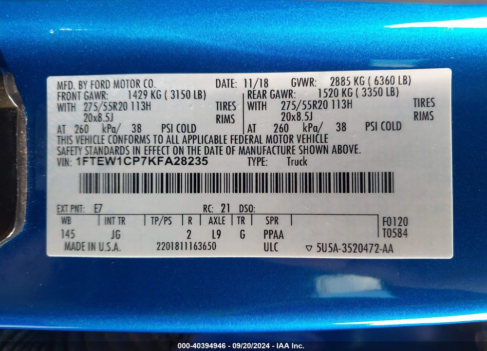 2019 FORD F-150 XL VIN: 1FTEW1CP7KFA28235