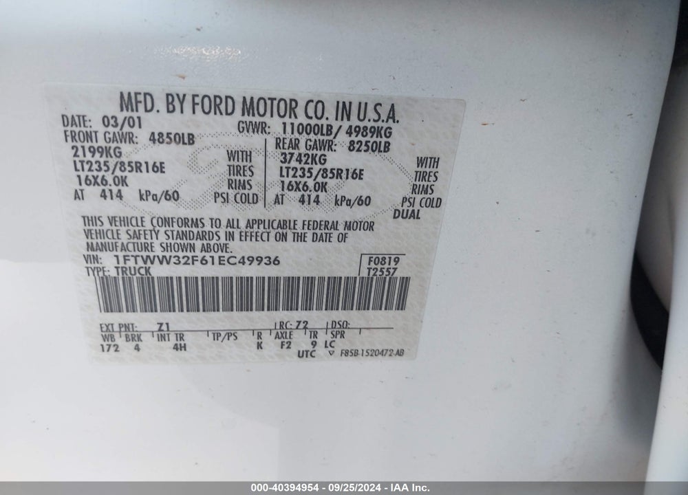 2001 FORD F 350 VIN: 1FTWW32F61EC49936