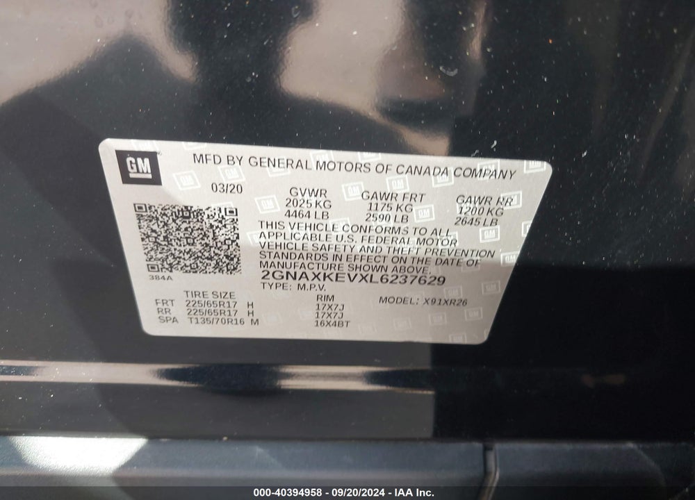 2020 CHEVROLET EQUINOX FWD LT 1.5L TURBO VIN: 2GNAXKEVXL6237629