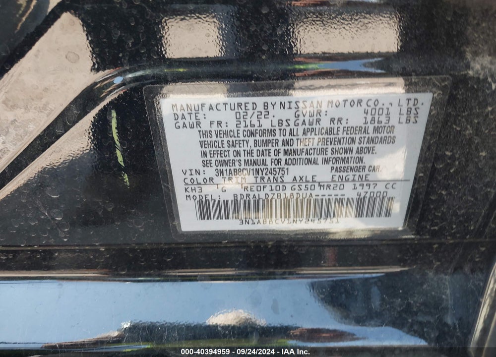 2022 NISSAN SENTRA SV XTRONIC CVT VIN: 3N1AB8CV1NY245751