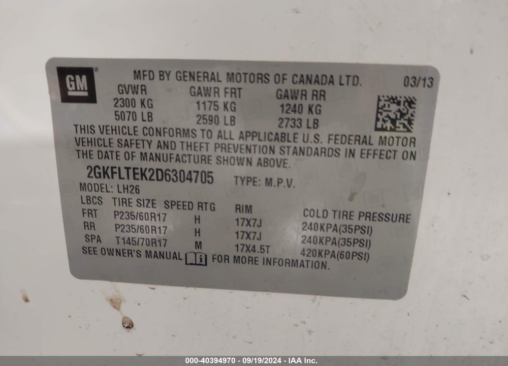 2013 GMC TERRAIN SLE-2 VIN: 2GKFLTEK2D6304705