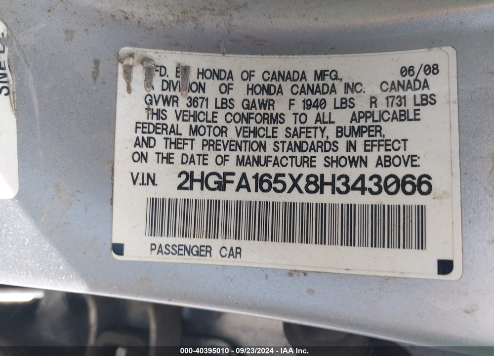 2008 HONDA CIVIC LX VIN: 2HGFA165X8H343066