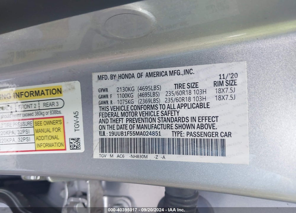 2021 ACURA TLX A-SPEC PACKAGE VIN: 19UUB5F55MA004851