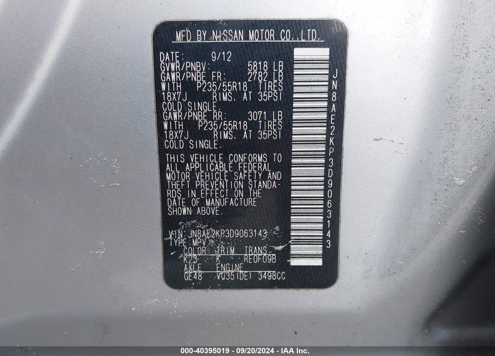 2013 NISSAN QUEST SL VIN: JN8AE2KP3D9063143