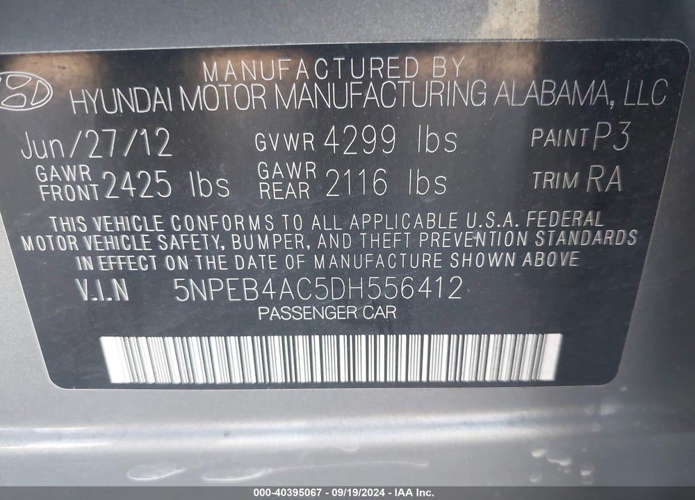 2013 HYUNDAI SONATA GLS VIN: 5NPEB4AC5DH556412