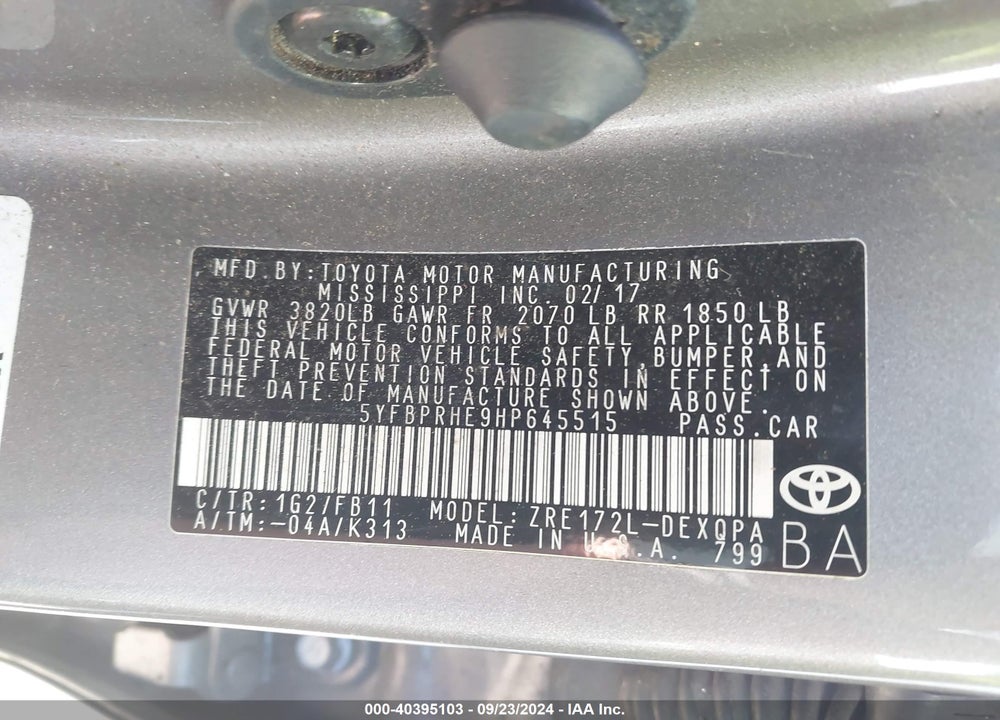 2017 TOYOTA COROLLA LE ECO VIN: 5YFBPRHE9HP645515