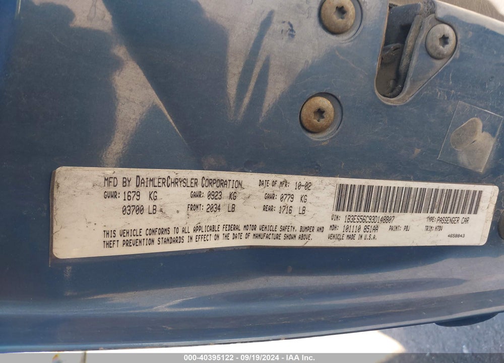 2003 DODGE NEON SXT VIN: 1B3ES56C93D148807