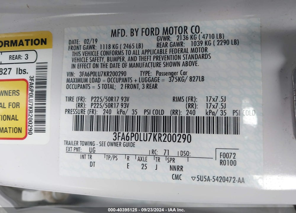 2019 FORD FUSION HYBRID SE VIN: 3FA6P0LU7KR200290