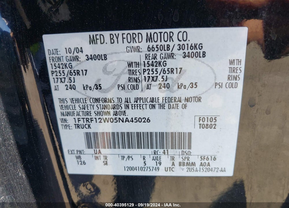 2005 FORD F-150 STX/XL/XLT VIN: 1FTRF12W05NA45026
