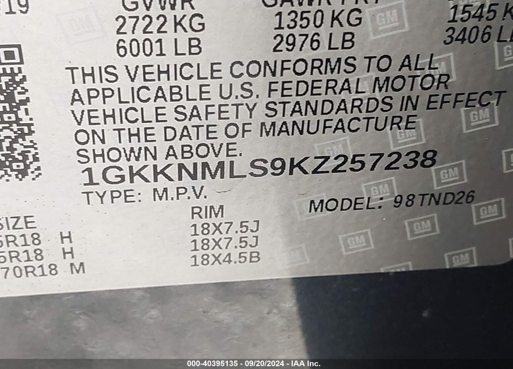 2019 GMC ACADIA SLT-1 VIN: 1GKKNMLS9KZ257238