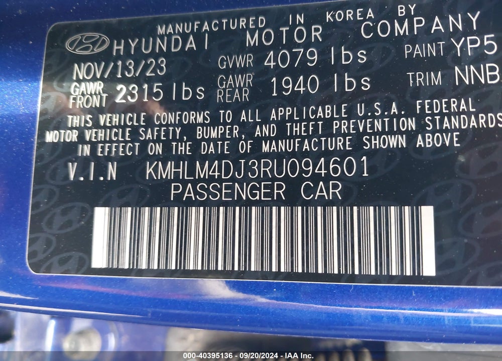 2024 HYUNDAI ELANTRA HYBRID BLUE VIN: KMHLM4DJ3RU094601