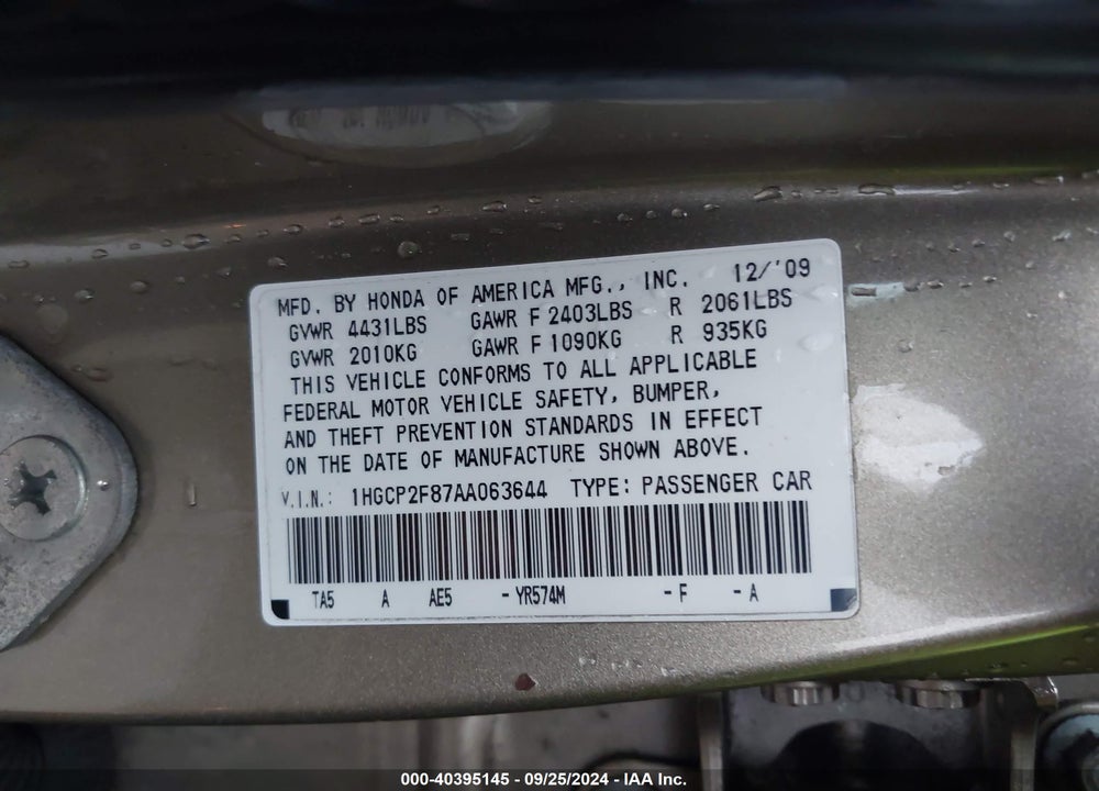 2010 HONDA ACCORD 2.4 EX-L VIN: 1HGCP2F87AA063644