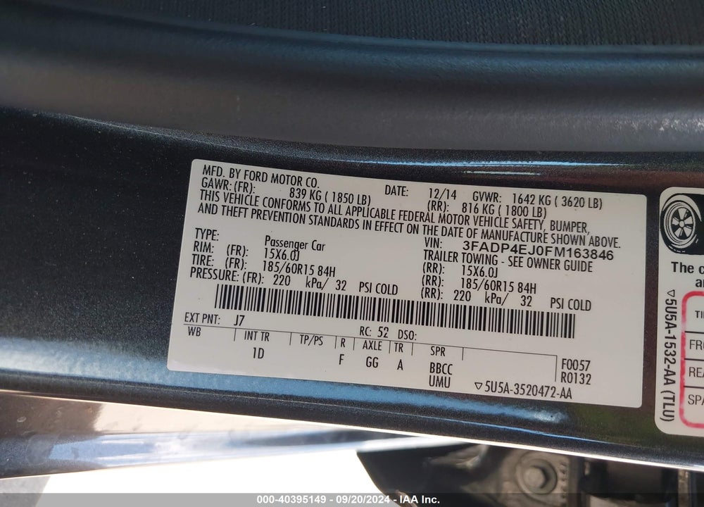 2015 FORD FIESTA SE VIN: 3FADP4EJ0FM163846