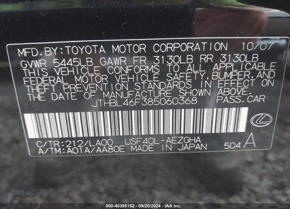 2008 LEXUS LS 460 VIN: JTHBL46F385060368