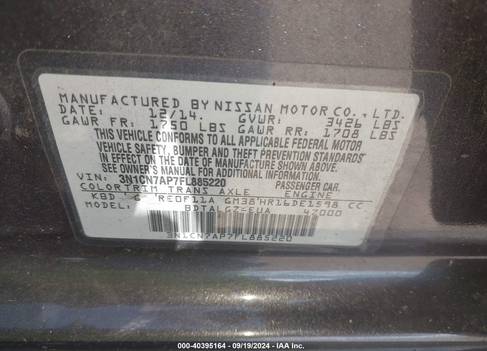 2015 NISSAN VERSA 1.6 SL VIN: 3N1CN7AP7FL885220