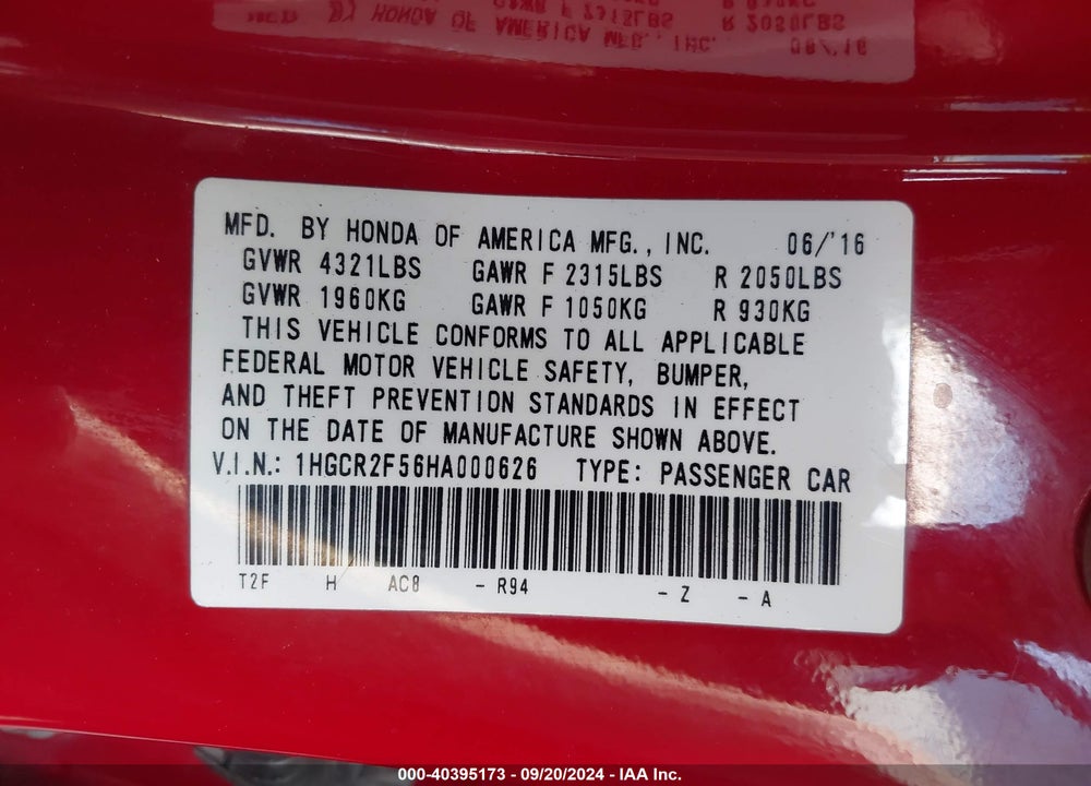 2017 HONDA ACCORD SPORT VIN: 1HGCR2F56HA000626