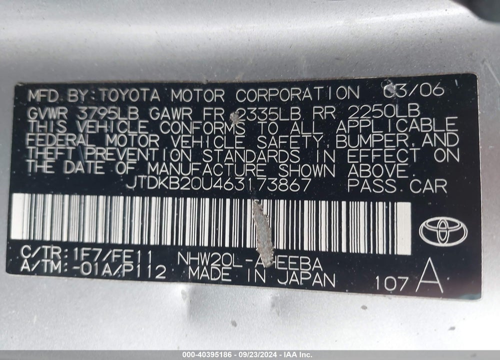2006 TOYOTA PRIUS VIN: JTDKB20U463173867