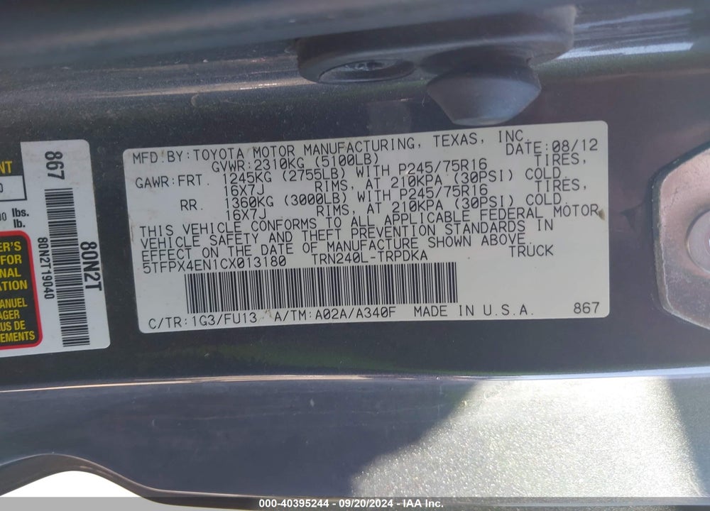 2012 TOYOTA TACOMA VIN: 5TFPX4EN1CX013180