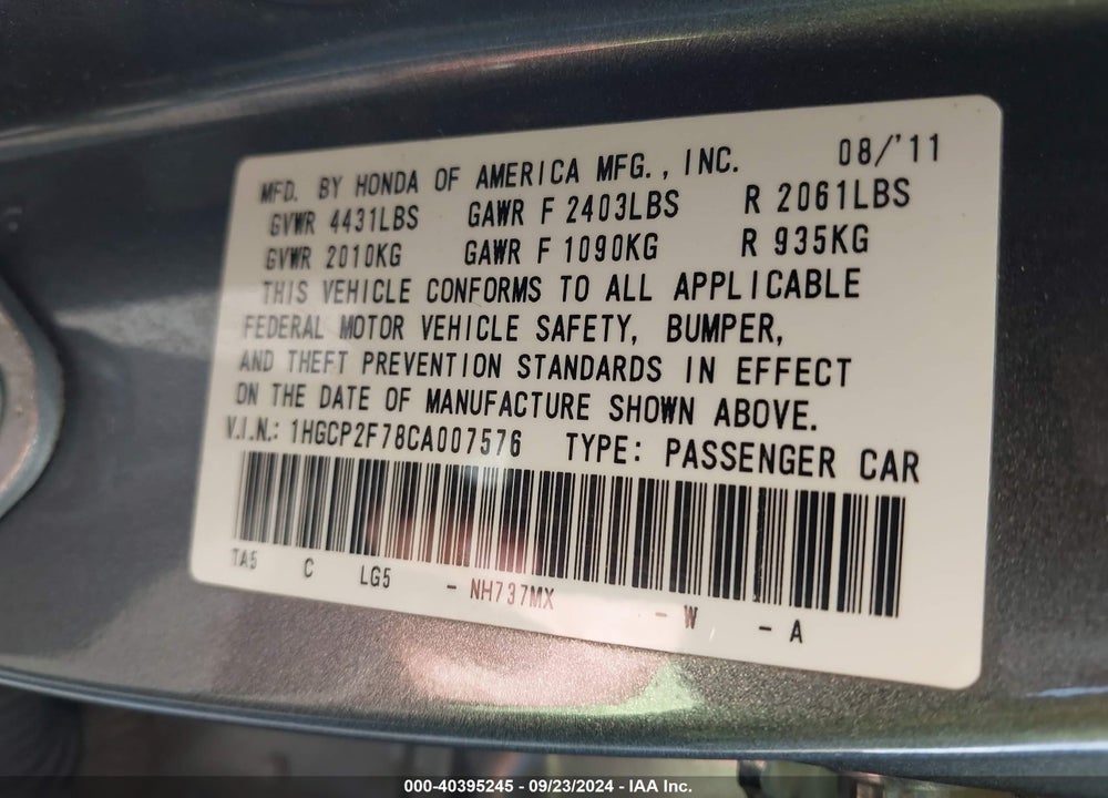 2012 HONDA ACCORD 2.4 EX VIN: 1HGCP2F78CA007576