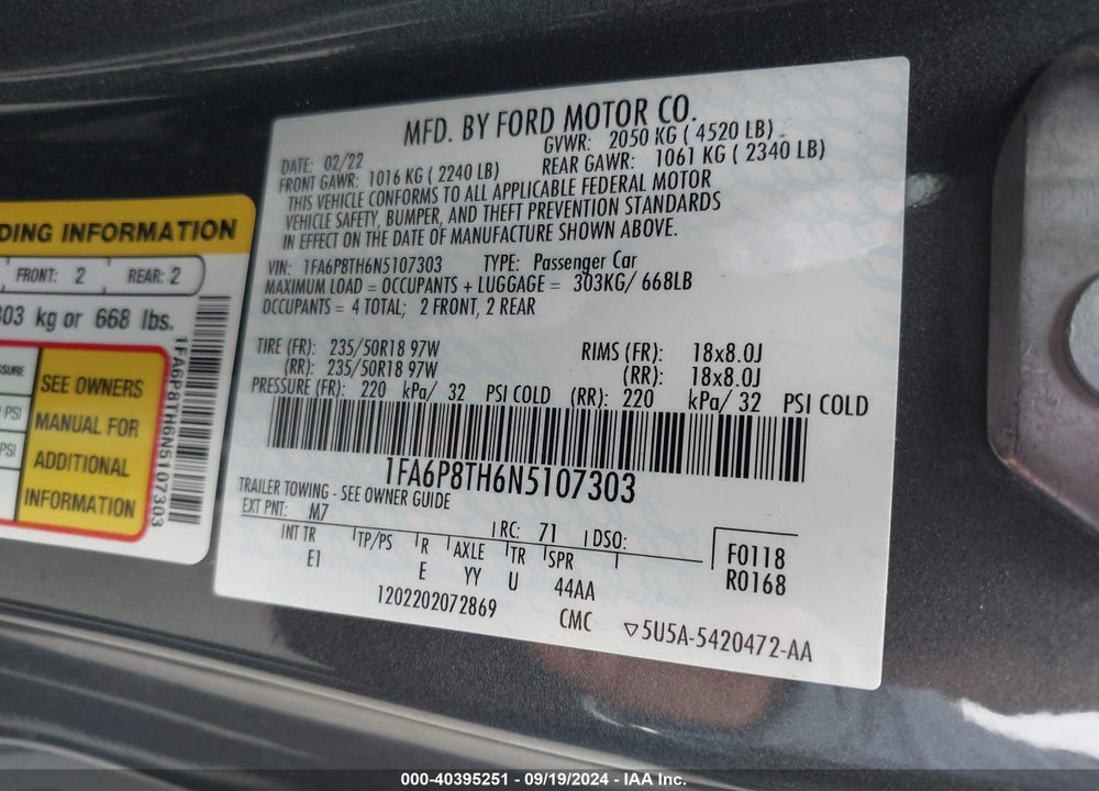 2022 FORD MUSTANG ECOBOOST PREMIUM FASTBACK VIN: 1FA6P8TH6N5107303