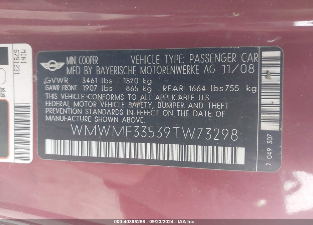 2009 MINI COOPER VIN: WMWMF33539TW73298