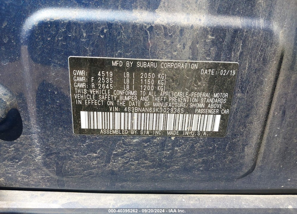 2019 SUBARU LEGACY 2.5I LIMITED VIN: 4S3BNAN69K3029365