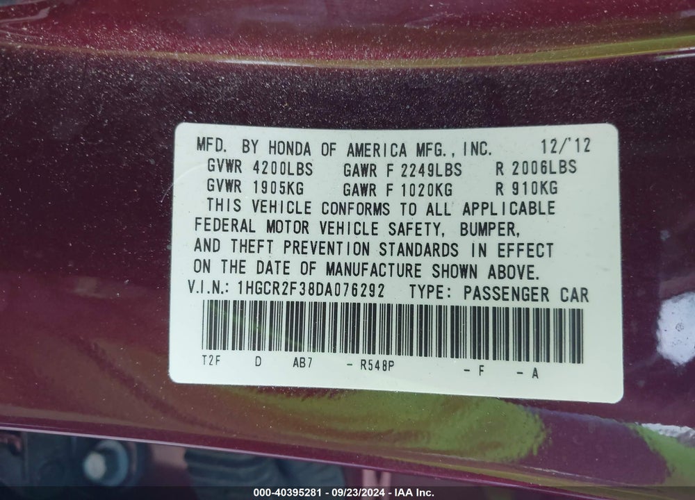 2013 HONDA ACCORD LX VIN: 1HGCR2F38DA076292