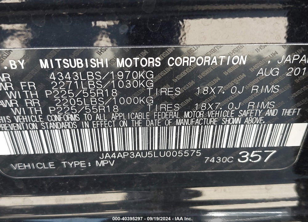 2020 MITSUBISHI OUTLANDER SPORT 2.0 ES VIN: JA4AP3AU5LU005575