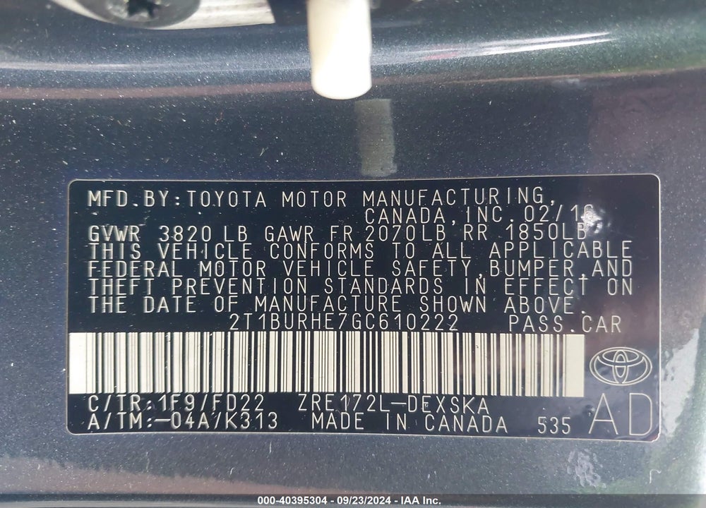 2016 TOYOTA COROLLA S PLUS VIN: 2T1BURHE7GC610222