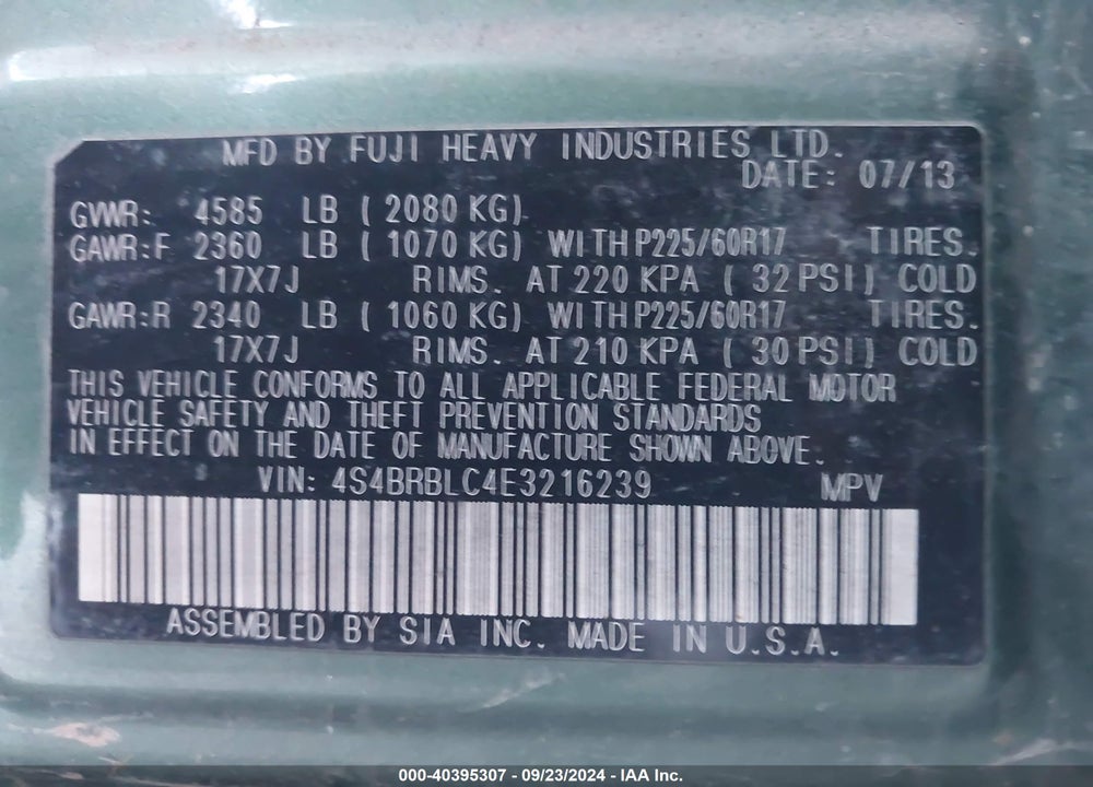 2014 SUBARU OUTBACK 2.5I LIMITED VIN: 4S4BRBLC4E3216239